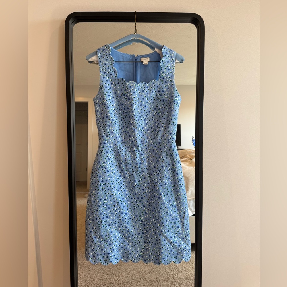 J. Crew women’s Blue Scalloped Edge Basketweave Floral Sheath Dress size 0